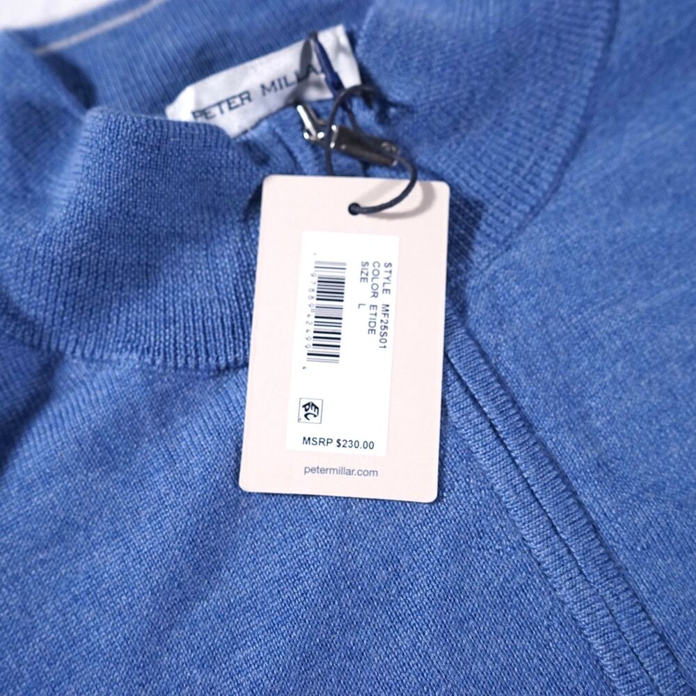 Peter Millar Crown Merino Wool Quarter Zip Sweater Blue Mens Large NWT Was $230 - Picture 4 of 12